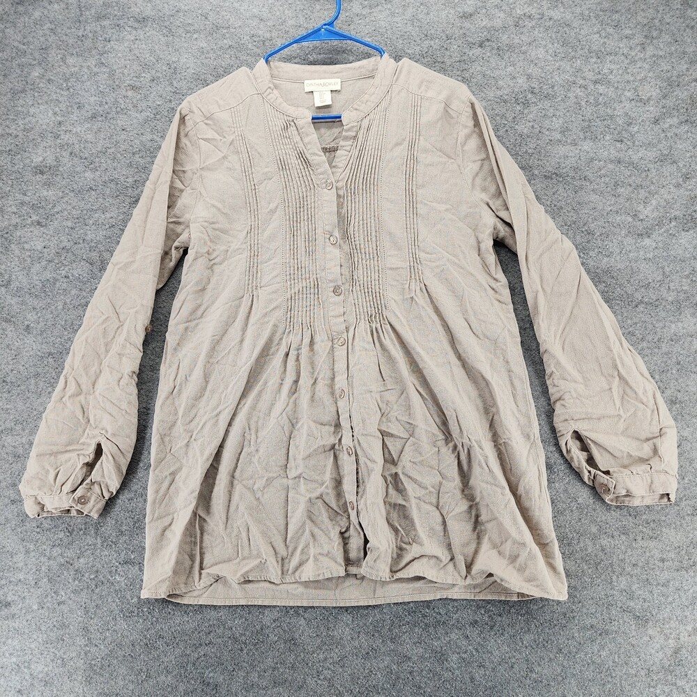 Cynthia Rowley Shirt Womens Small Linen Blend Beige Roll Tab Sleeve